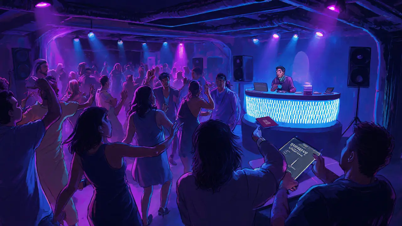 Underground club Club 88 with dancers under neon lights and a DJ booth, emphasizing intimate sound-focused atmosphere.