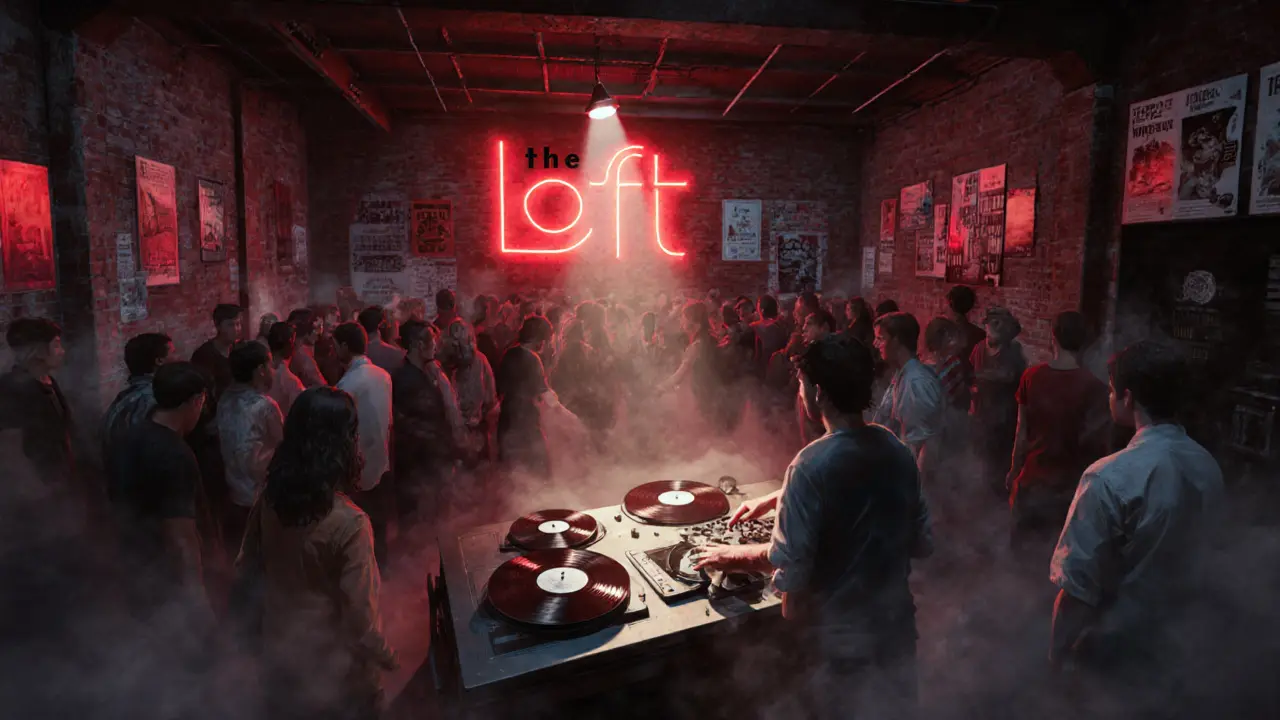 Underground club with industrial decor, neon lights, and people dancing to vinyl records in dim lighting.