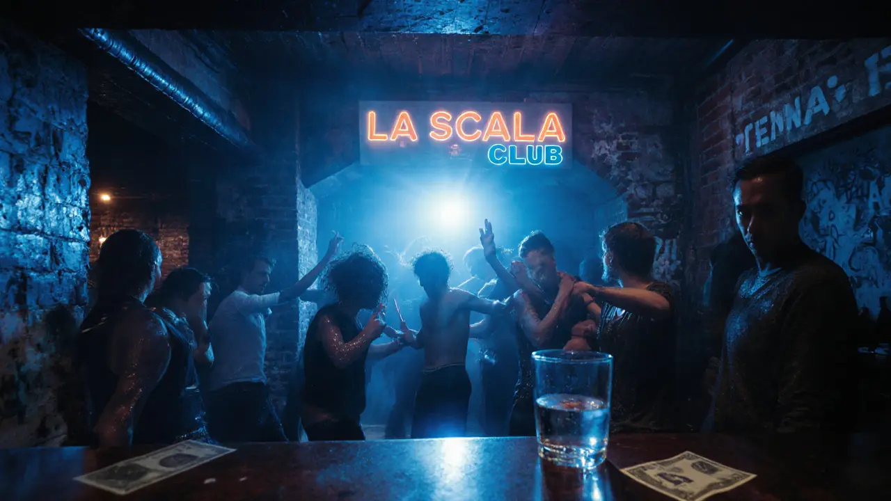 Underground techno club with strobe lights, dancers, and industrial vibes in a dim basement.