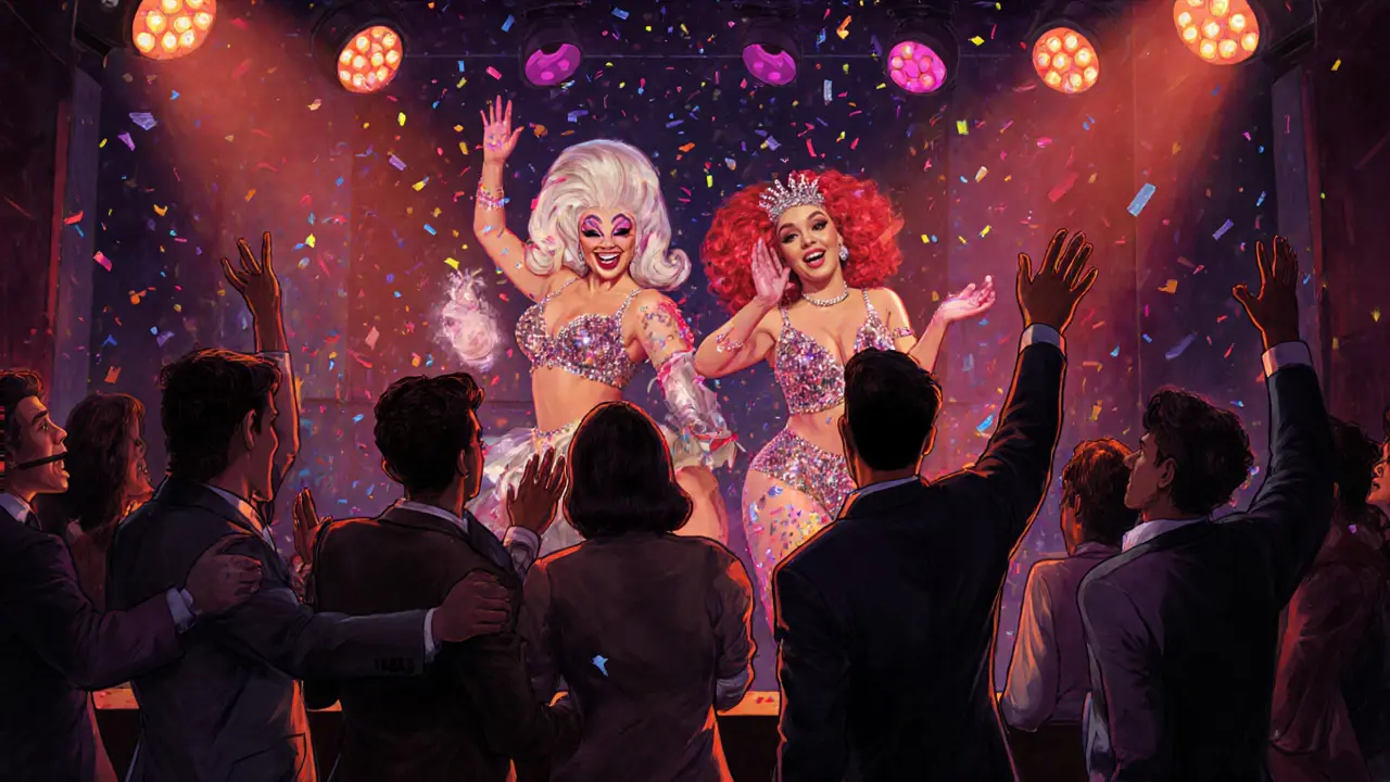 Vibrant drag performance with glittering costumes and cheering audience in Soho