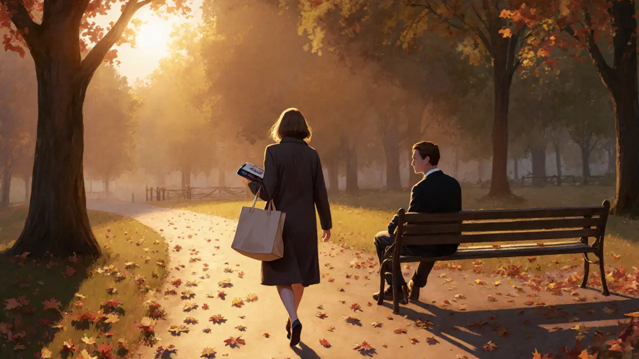 Woman walking through Hyde Park at sunset, man watching from afar, autumn leaves falling.