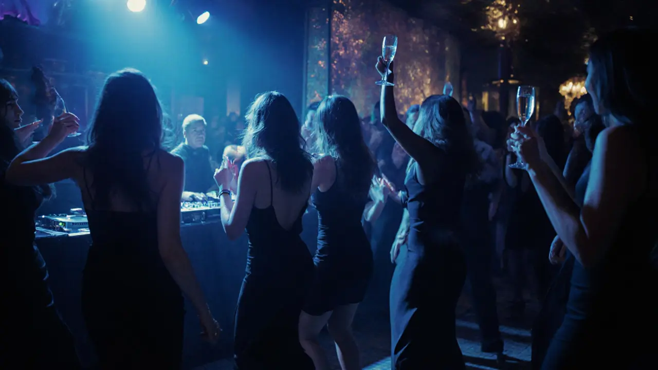 Women dancing gracefully in a dimly lit nightclub with neon lights and a female DJ, surrounded by an intimate, safe crowd.