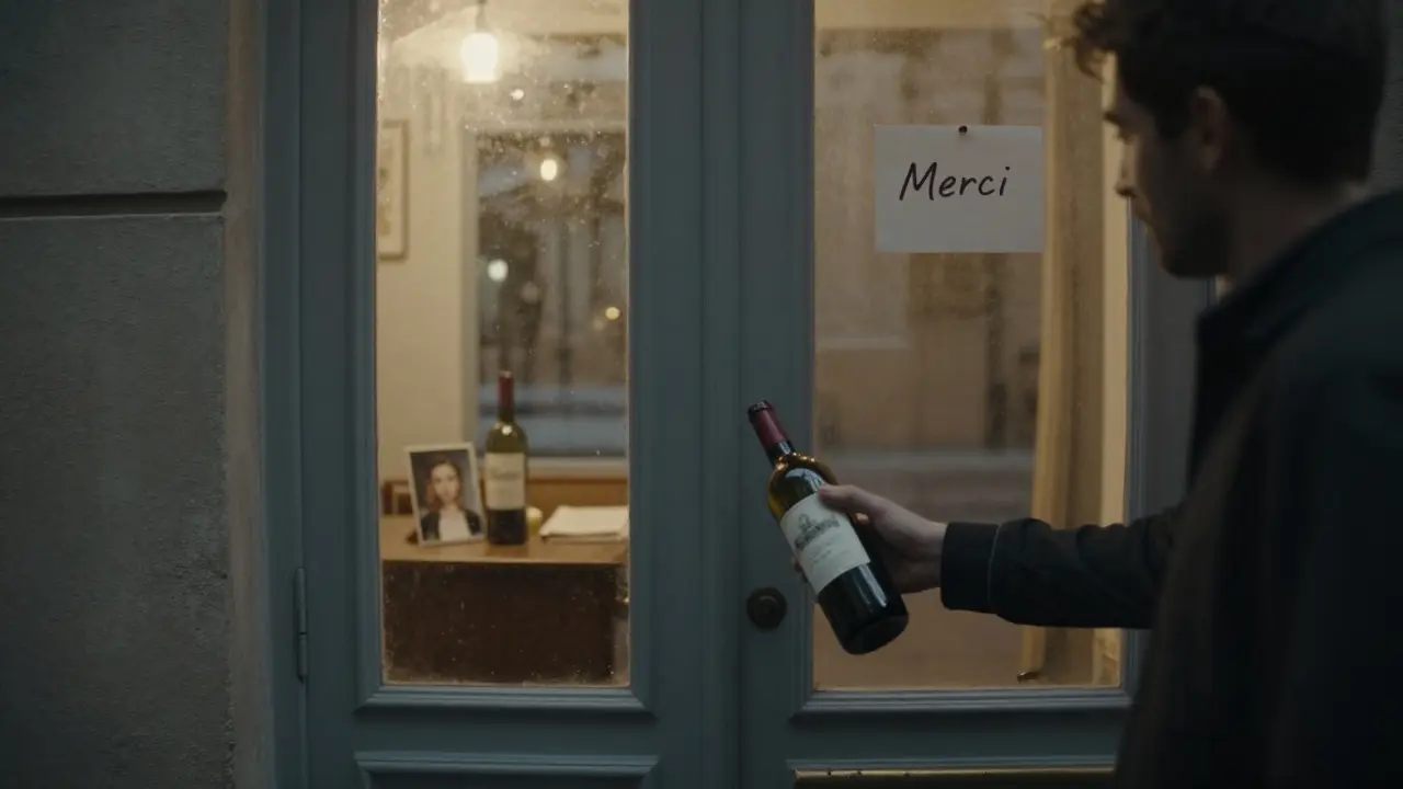 A bottle of wine with a thank-you note left at a closed door in a quiet Paris alley, symbolizing respectful gratitude.