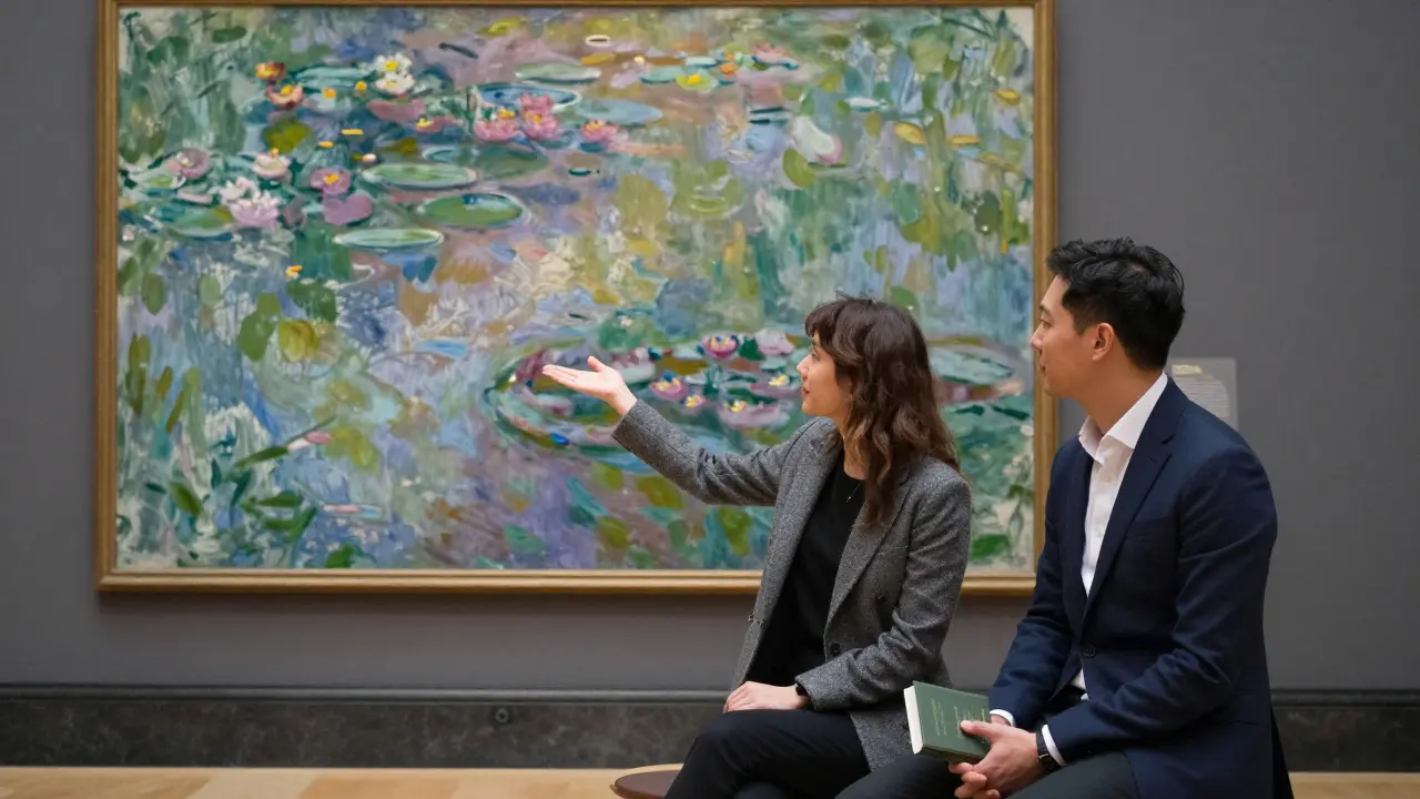 A client and companion admire a Monet painting in the quiet halls of the Musée d’Orsay.