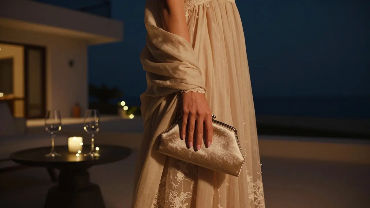 A close-up of a woman&#039;s hand holding a clutch with a pashmina, set against a villa terrace at night.