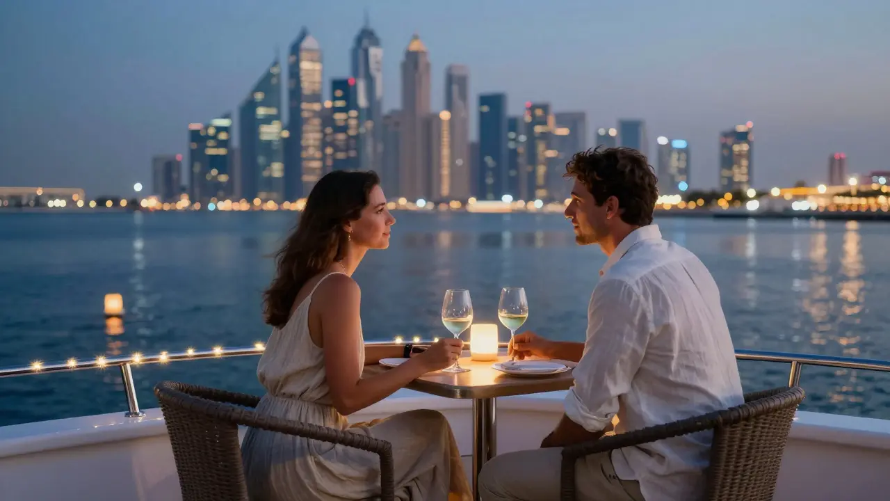 A couple on a private yacht at twilight along Dubai Marina, engaged in calm conversation under soft string lights.