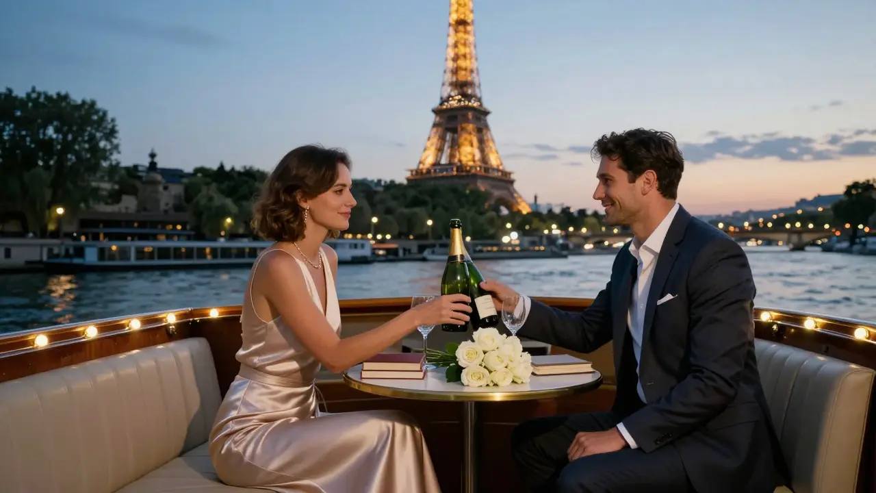 A couple shares champagne on a private Seine riverboat as the Eiffel Tower glows in the distance.