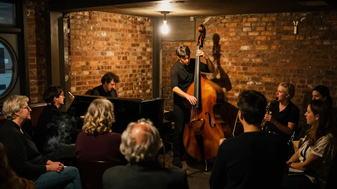 A cozy basement jazz club with musicians playing live and a quiet, attentive crowd in warm dim light.