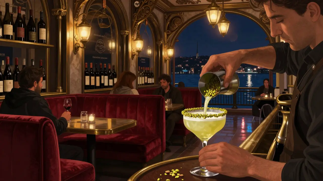 A craft cocktail bar in Beyoğlu with patrons listening to Turkish folk-electronica fusion under vintage lighting.