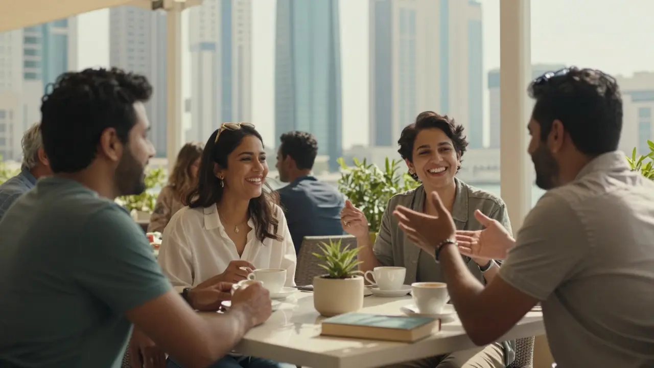 A diverse group of expats laugh together at a sunlit social club terrace, coffee cups and books on the table, peaceful connection in Abu Dhabi.