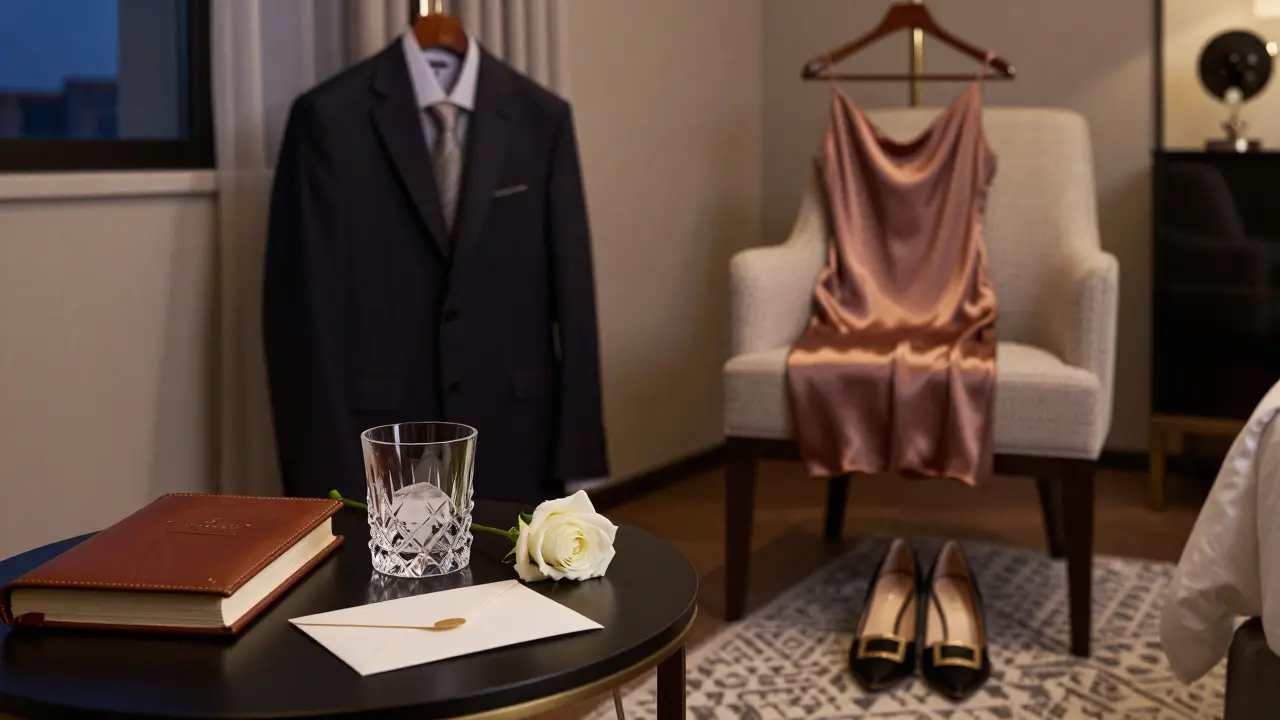 A Four Seasons hotel suite with elegant clothing and a single rose, suggesting discreet luxury.