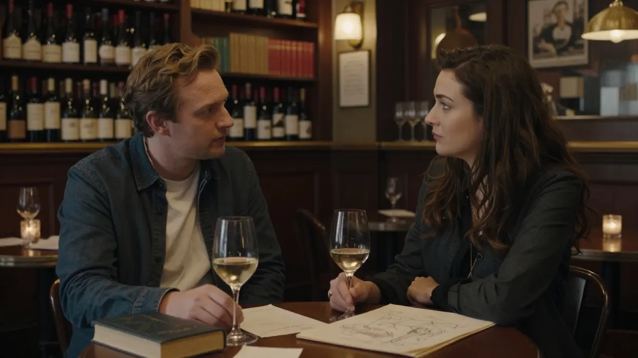 A gentleman and woman conversing in a refined Mayfair wine bar, surrounded by books and soft lighting.