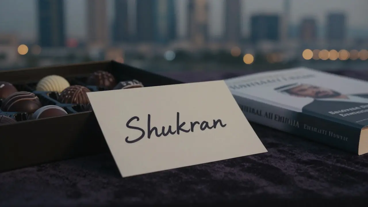 A handwritten 'Shukran' note rests beside chocolates and a book, symbolizing thoughtful gesture over material gift.