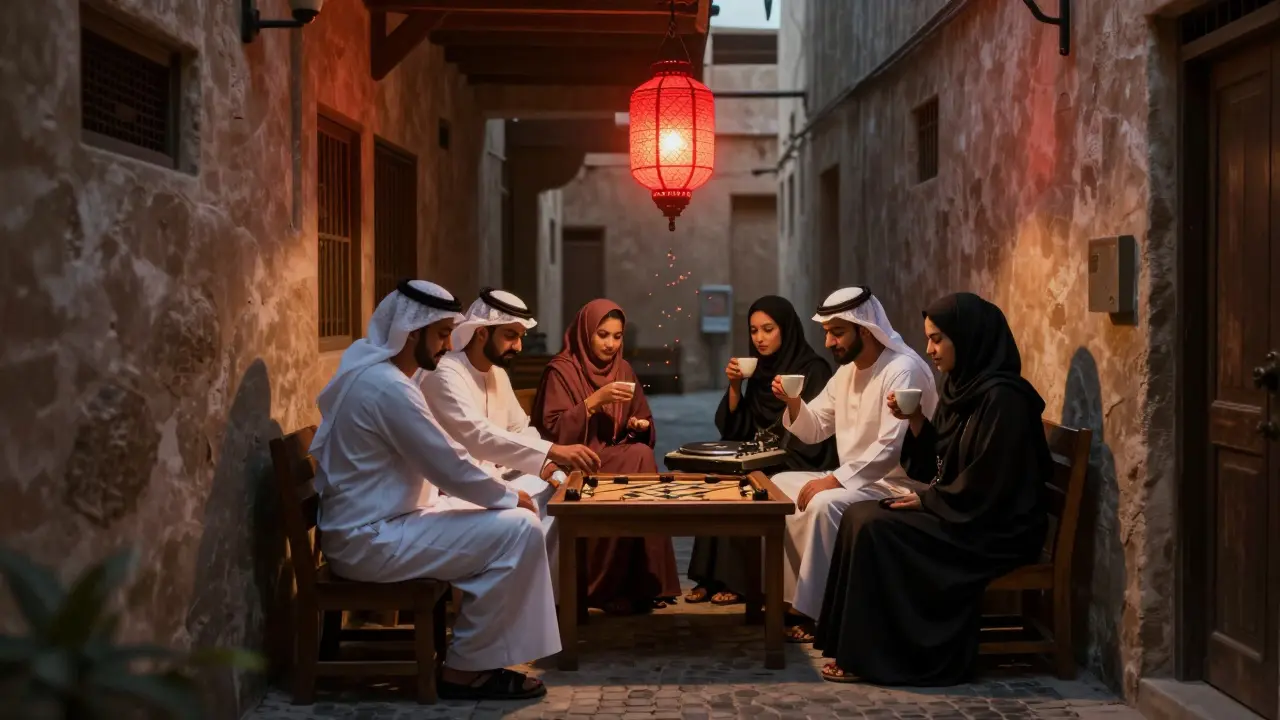 A hidden bar with a red lantern, Emiratis playing backgammon and sipping coffee under warm lamplight.