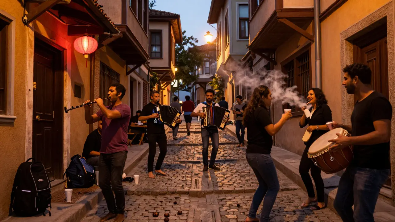 A lively cobbled alley in Beyoğlu with street musicians and locals dancing under warm lantern light.
