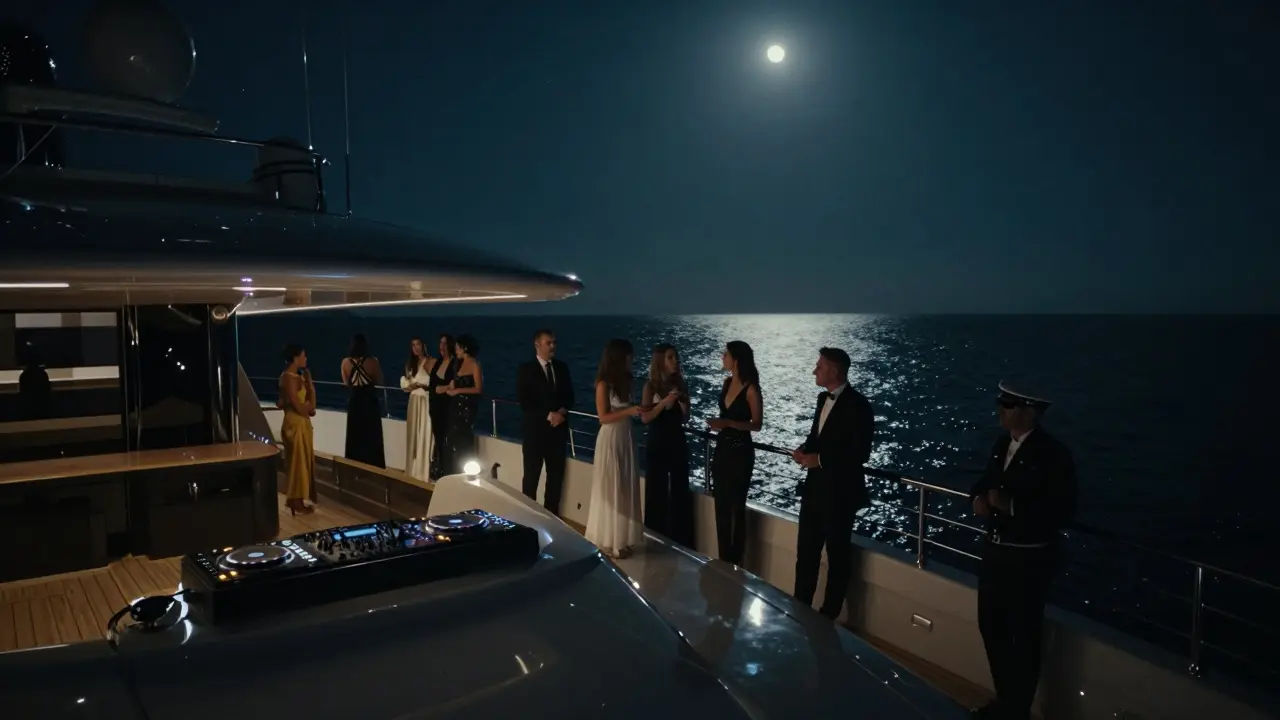 A luxury superyacht at night with guests overlooking the Mediterranean under moonlight, no phones visible.