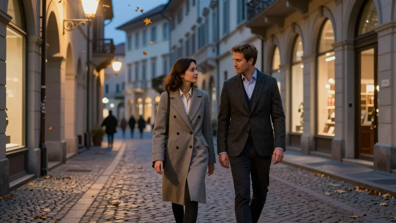 A man and woman strolling through the artistic Brera district at sunset, sharing a quiet moment.