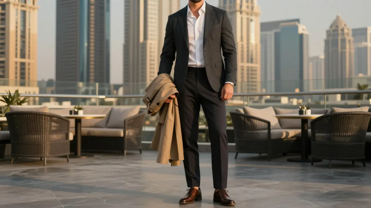 A man in a tailored blazer and dark trousers standing outside a rooftop lounge with Dubai&#039;s skyline behind him.
