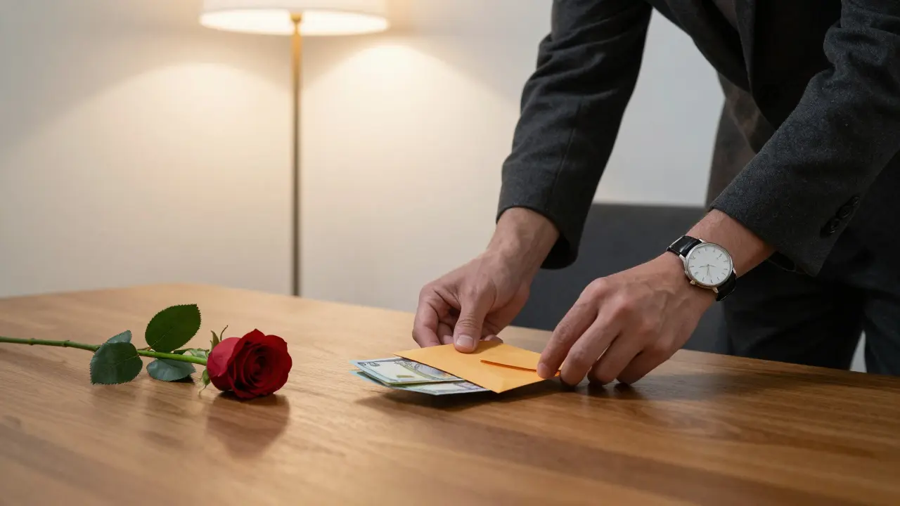 A man leaving cash and a rose on a table, symbolizing respectful departure after a private evening.