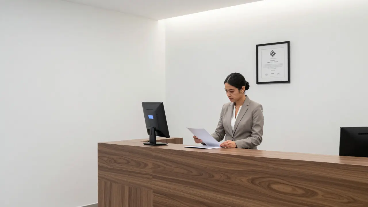A professional agency office in Dubai’s DIFC with minimalist design, featuring a secure client verification kiosk and confidential documents.