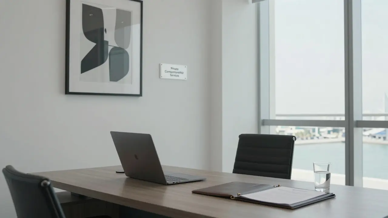 A professional agency office with minimal branding and a client agreement on a desk.