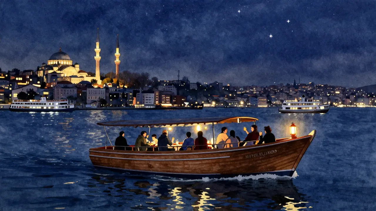 A quiet gulet cruise on the Bosphorus under starlit skies with illuminated minarets in the distance.