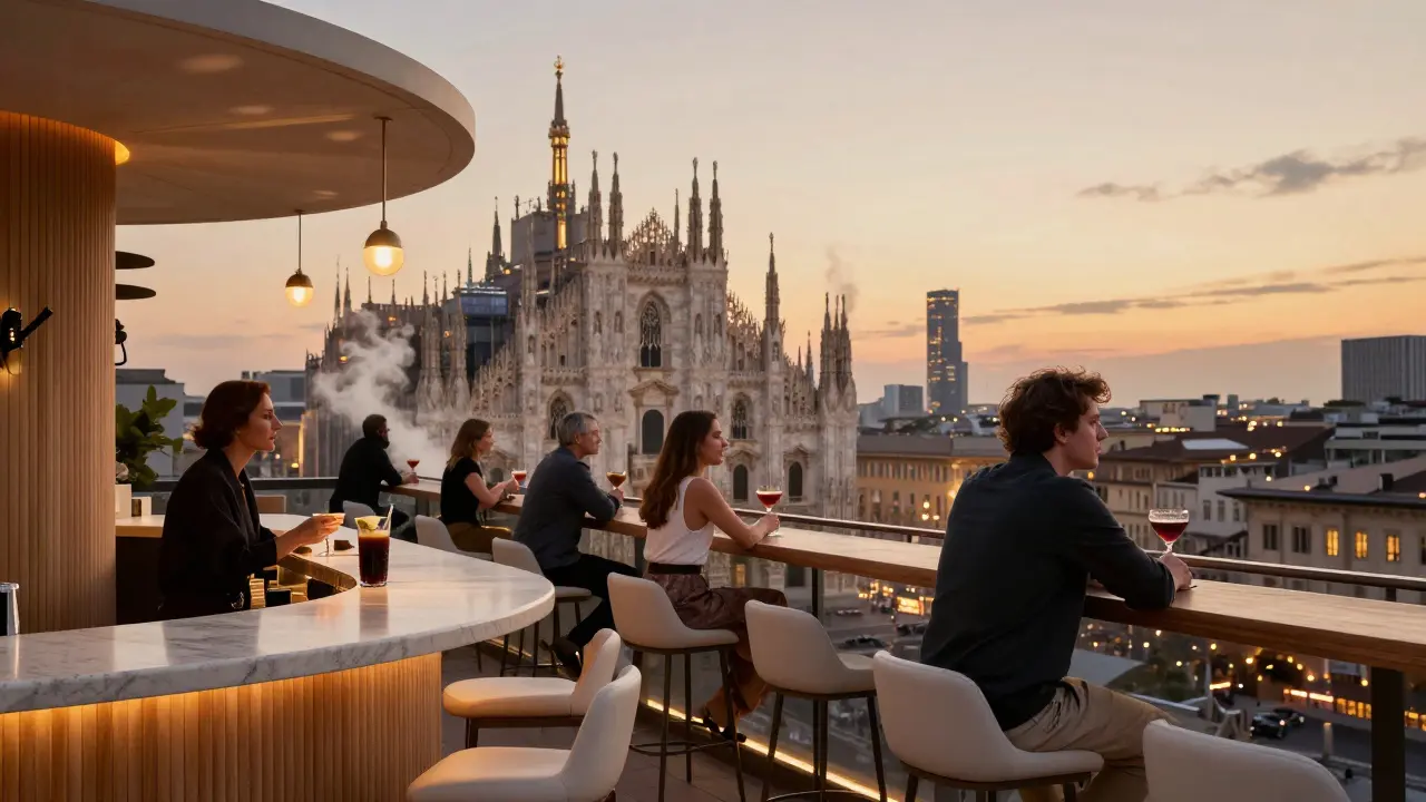 A rooftop bar at sunset with city lights glowing behind guests sipping minimalist cocktails.