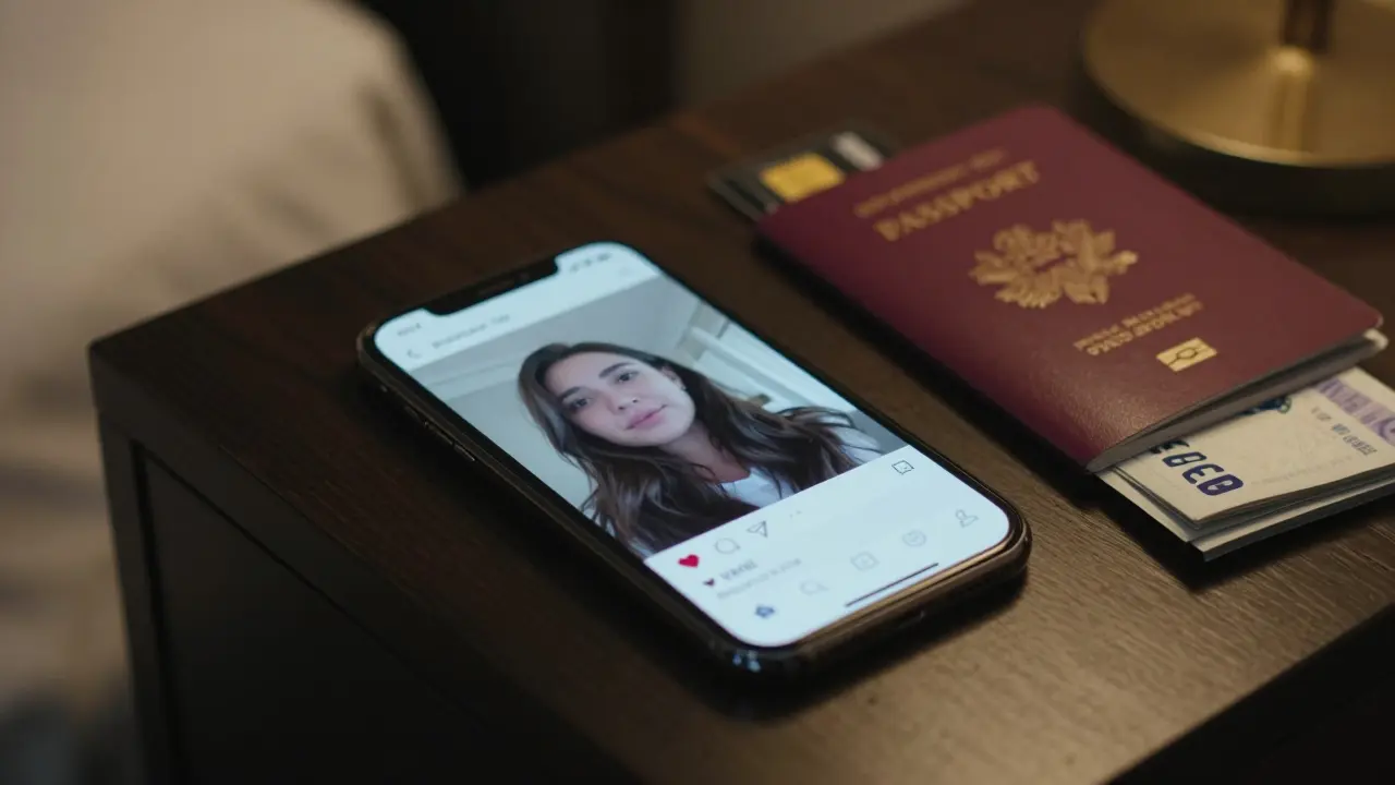 A secondary phone shows a video call on a hotel nightstand with passport and cash nearby.