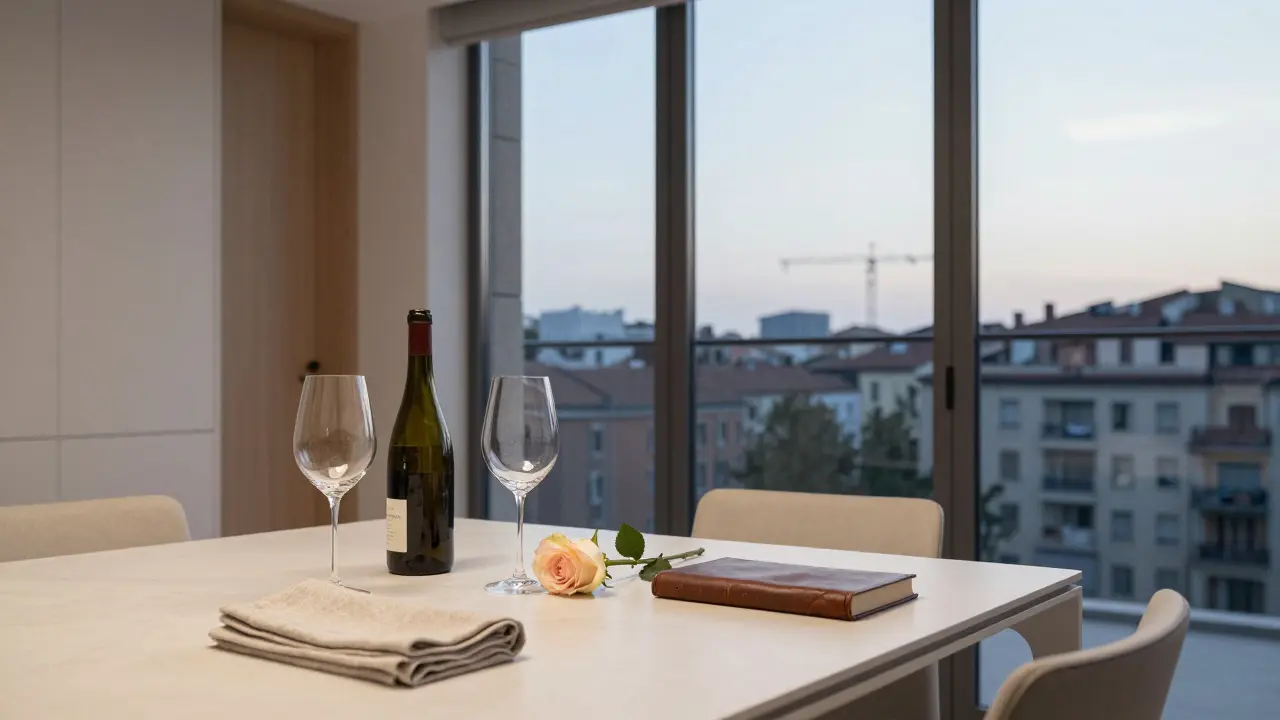 A serene, empty minimalist apartment in Milan with wine and a rose set for two at dusk.