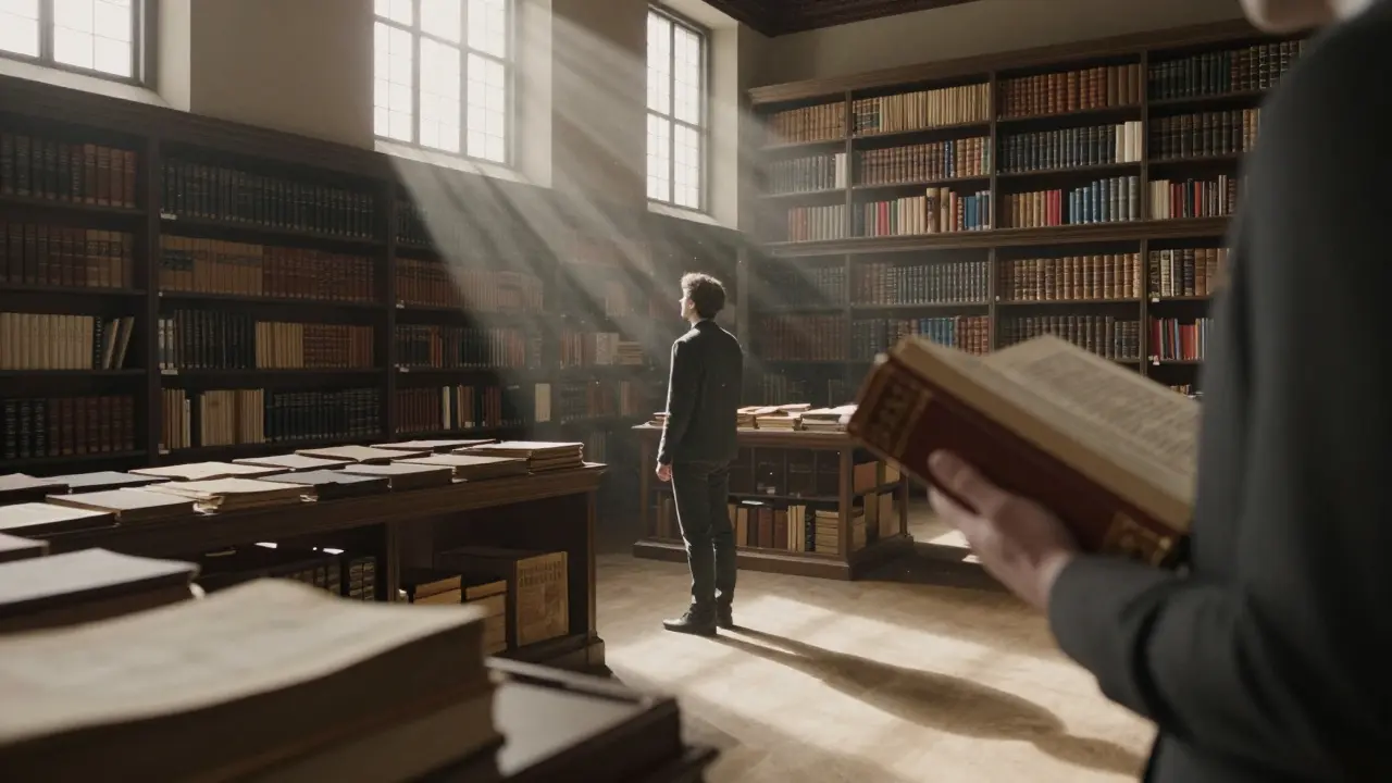 A solitary figure stands in the serene, sunlit rare books room of the British Library, shadow of a companion nearby.