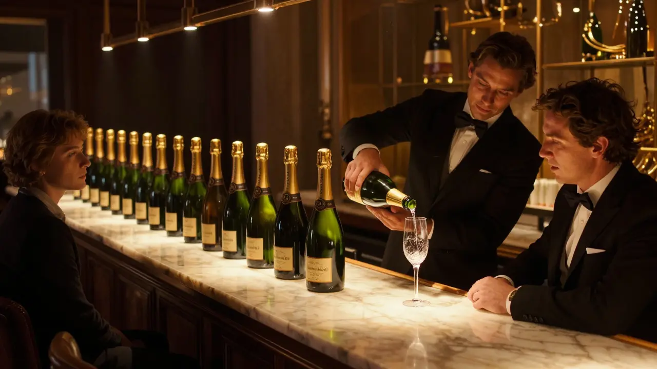 A sommelier pours rare vintage champagne at a quiet, minimalist bar with glowing bottles and marble surfaces.