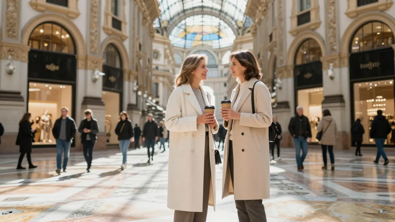 A woman and her companion pausing to admire the mosaic ceiling of Galleria Vittorio Emanuele II in Milan.