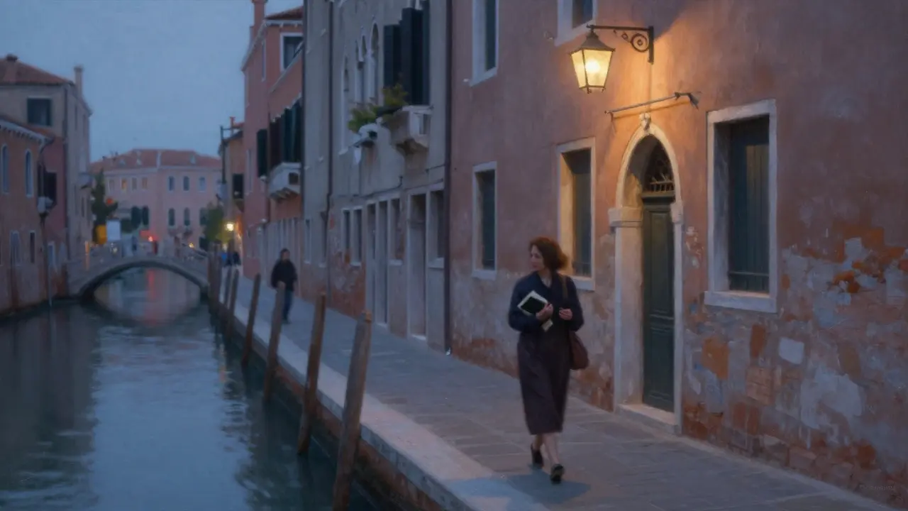 A woman walking alone along the Navigli canal at dusk, book in hand, under glowing lanterns.