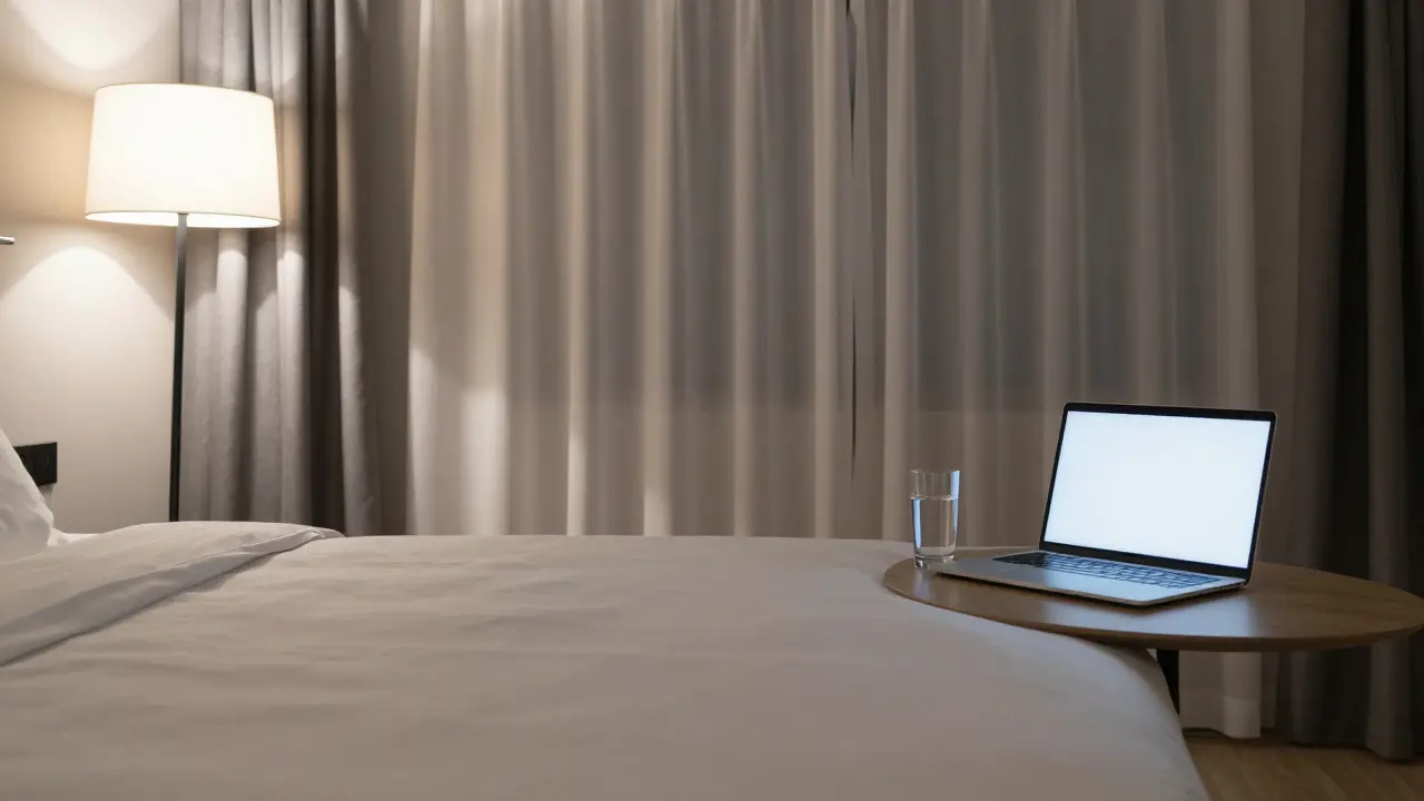 An empty luxury hotel room with a neatly made bed and a glass of water, conveying discretion.