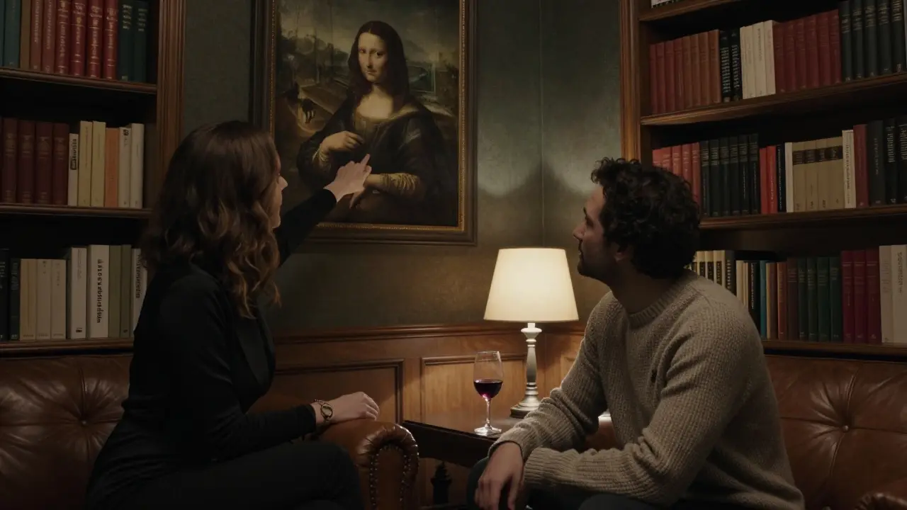 An escort and client engaged in quiet discussion about art in a luxurious Milanese study, surrounded by books.