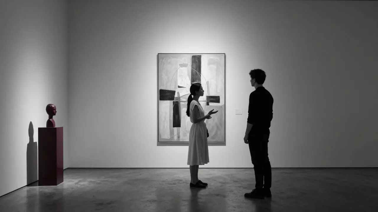 An escort guiding a client through an art gallery after hours, focused on discussion.