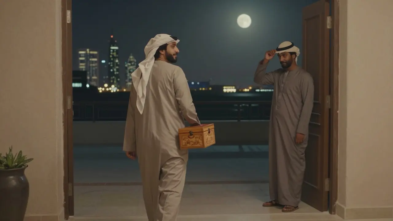 An escort walks away at night, holding a carved box, as a man bids farewell with dignity under Dubai's glowing skyline.