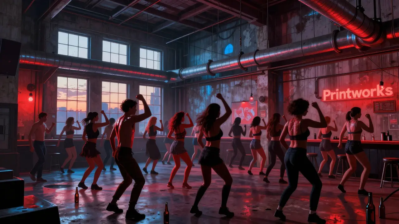 An industrial nightclub filled with dancers under strobe lights as dawn breaks through high windows.