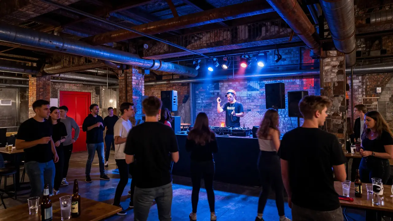 An underground techno party in an industrial warehouse with dancers under strobing lights.