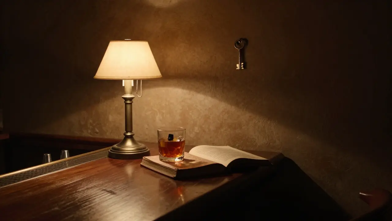 Cozy hidden bar with a single drink and vintage lamp in dim lighting.