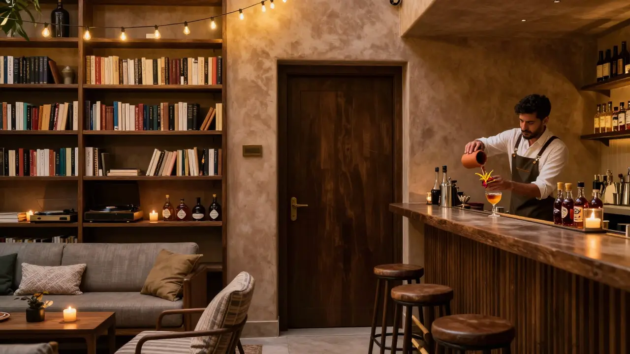 Cozy hidden bar with bookshelves, vintage record player, and clay cup cocktail served in Jumeirah.