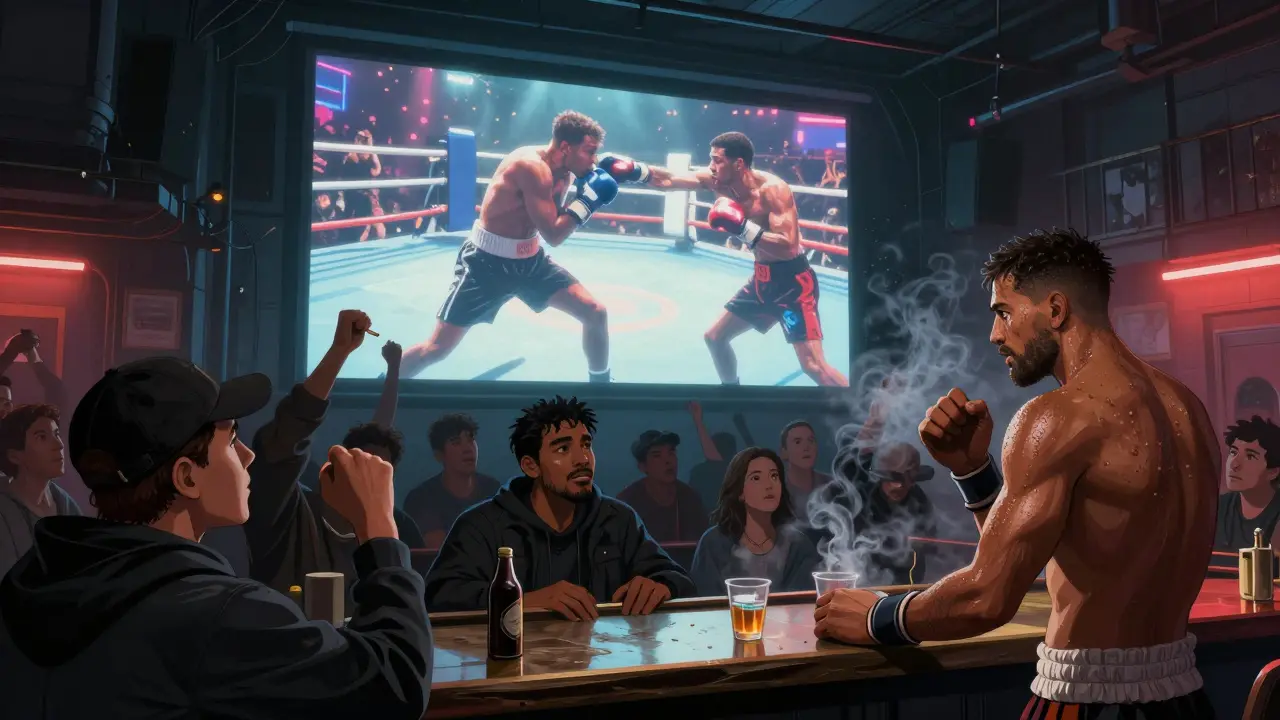 Crowd reacting in awe at a boxing knockout in a dimly lit Brixton bar, with a former champ handing out shots.
