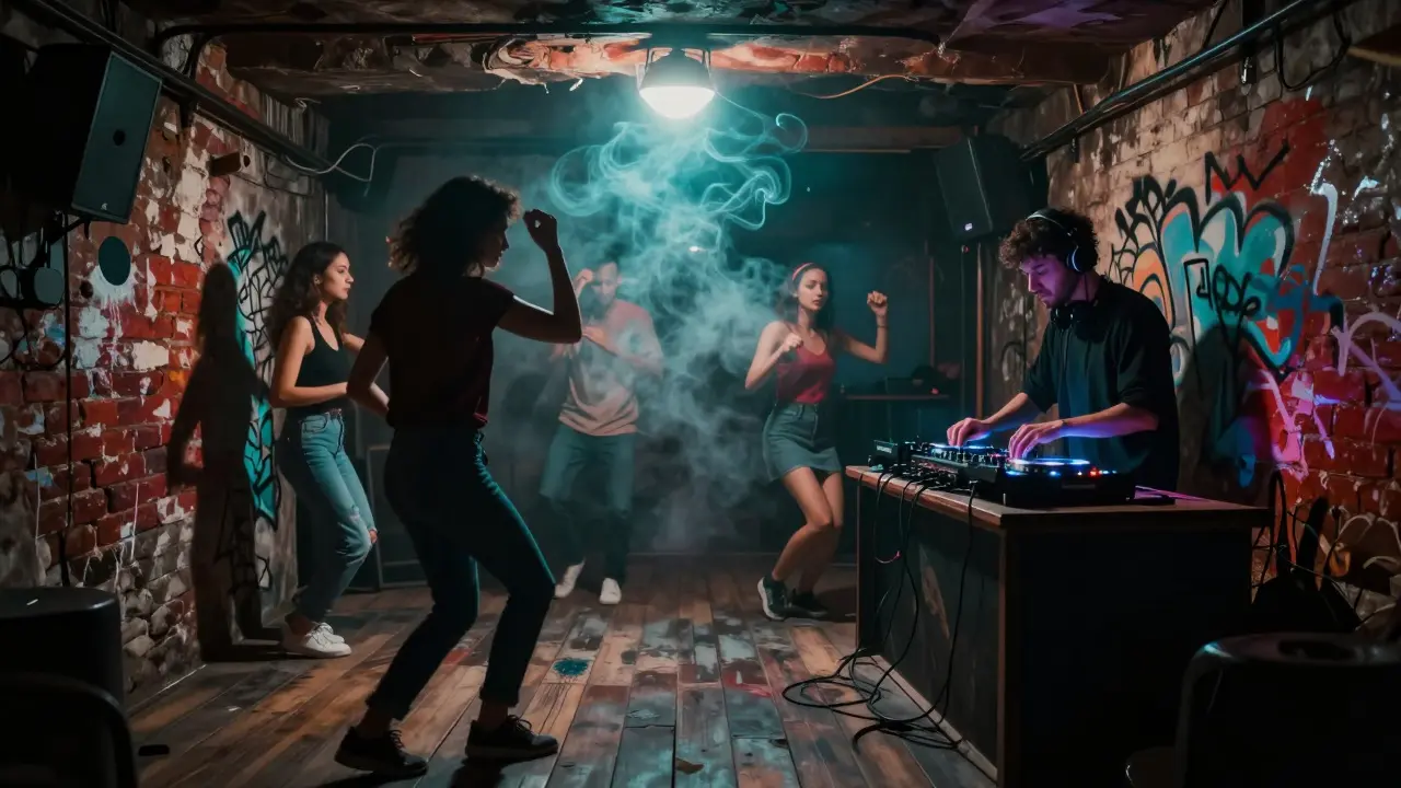 Dancers in a basement club in Kadıköy under neon light, wooden floors and brick walls echoing music.