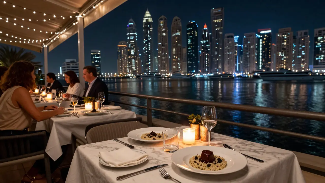 Elegant outdoor dining at La Petite Maison with string lights, yachts, and city skyline at night.