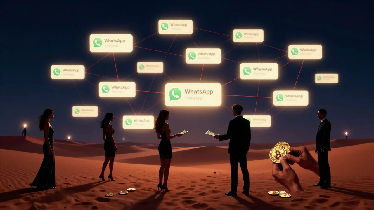 Glowing encrypted messages and silhouettes connected over Abu Dhabi&#039;s skyline, with hidden cash and police sirens, symbolizing risk and surveillance.
