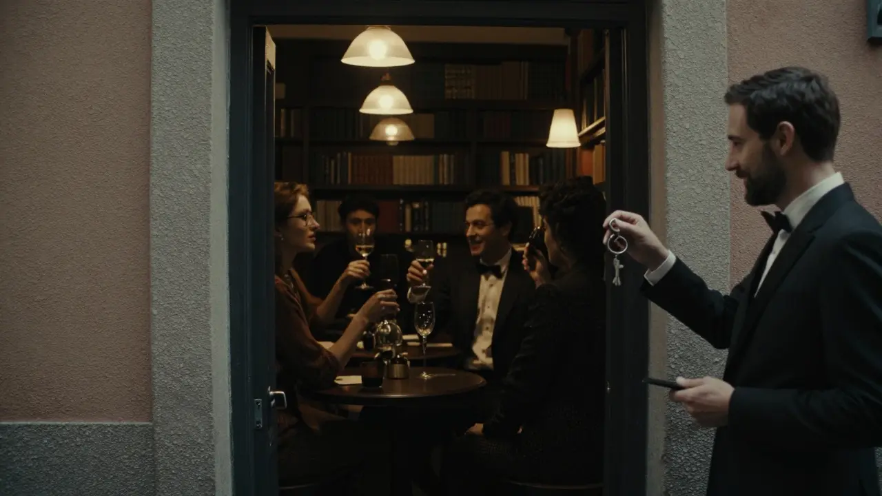 Hidden speakeasy door in Brera revealing a dimly lit cocktail lounge.