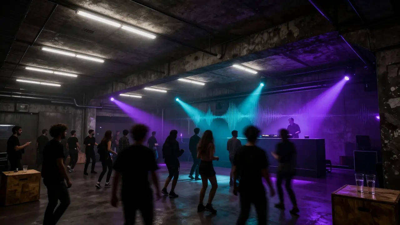 Industrial nightclub interior with dancers under colored lights, concrete walls, and DJ booth.