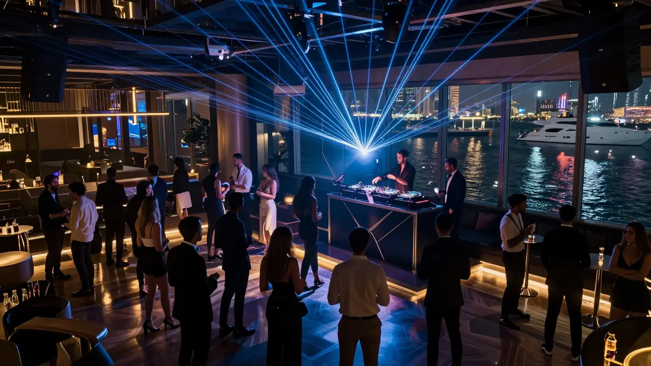 Lively Dubai Marina nightclub with dancers under laser lights and yachts in the background.