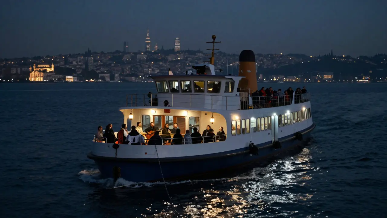 Midnight ferry on the Bosphorus with passengers singing and playing guitar under lantern light and city reflections.