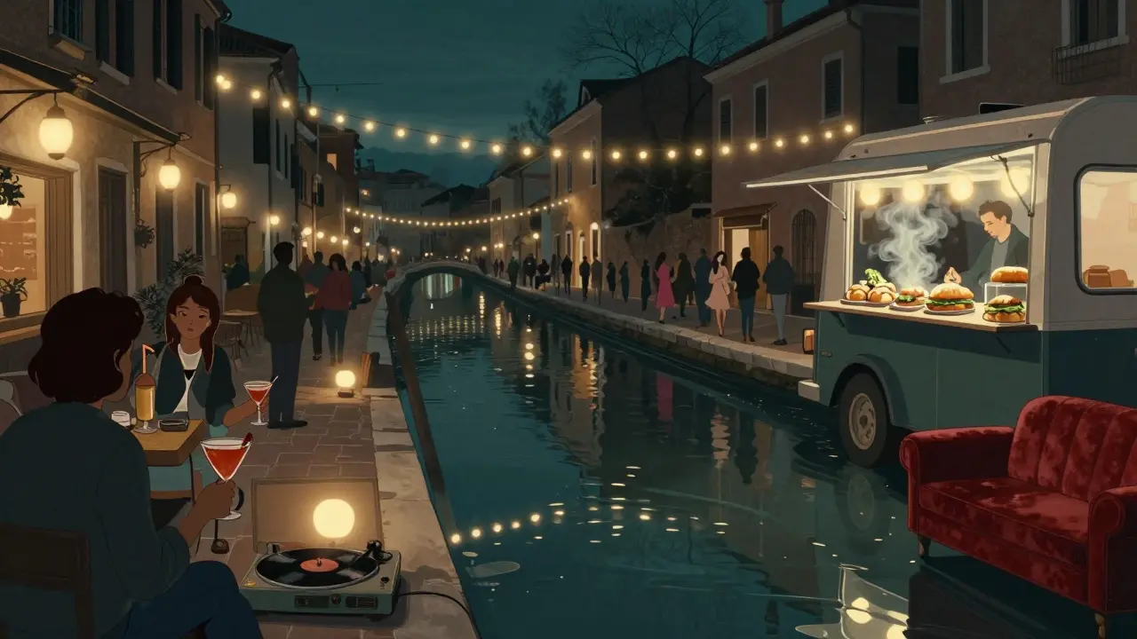 Navigli canal at night with string lights, food trucks, and people dancing by the water.